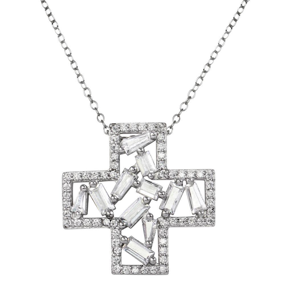 Rhodium Plated 925 Sterling Silver Cross Pendant Necklace with CZ - STP01667