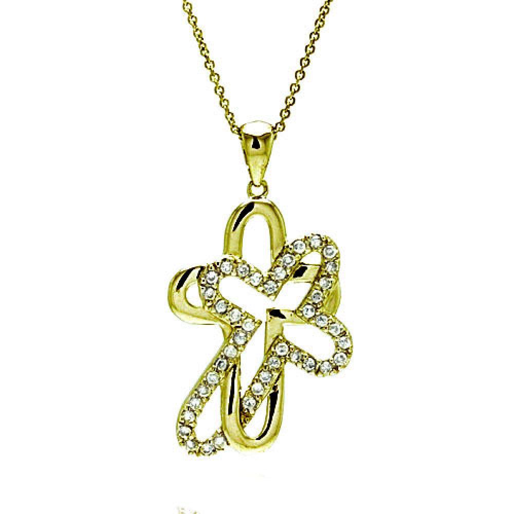 Closeout-Silver 925 Clear CZ Gold Plated Double Cross Pendant Necklace - STP00008GP