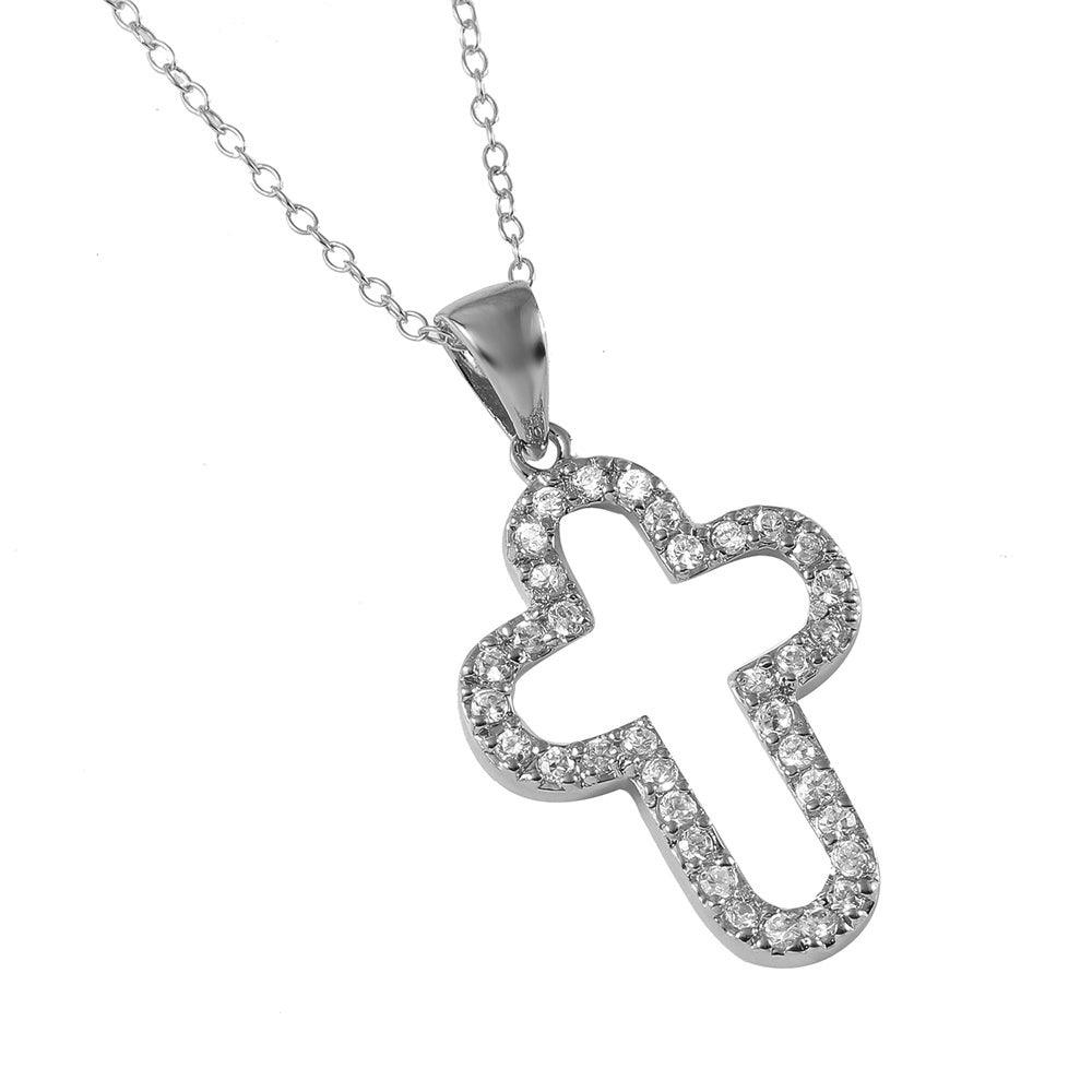 Closeout-Silver 925 Rhodium Plated Open Round Cross Necklace - STP00011