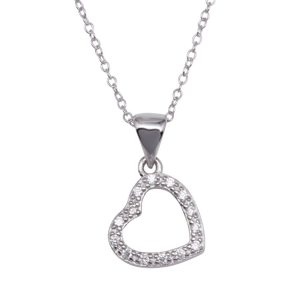 Silver 925 Clear CZ Rhodium Plated Hanging Heart Pendant Necklace - STP00025