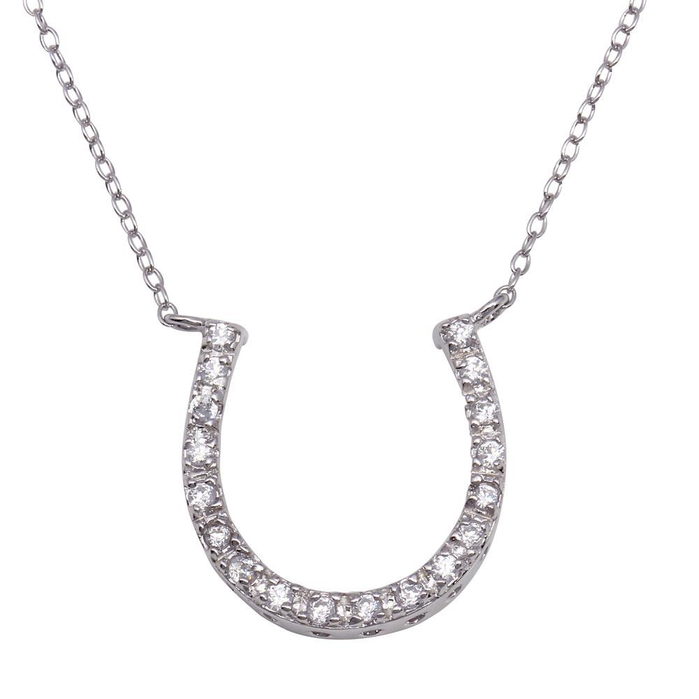 Silver 925 Clear CZ Rhodium Plated Horse Shoe Necklace - STP00027