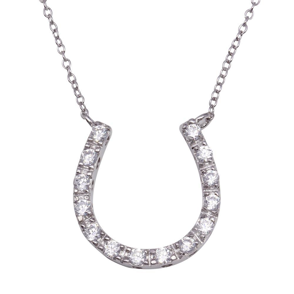 Silver 925 Clear CZ Rhodium Plated Horse Shoe Pendant Necklace - STP00045