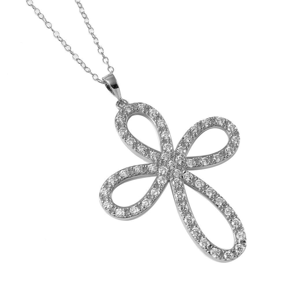 Closeout-Silver 925 Rhodium Plated Open Infinity Round Cross Necklace - STP00052