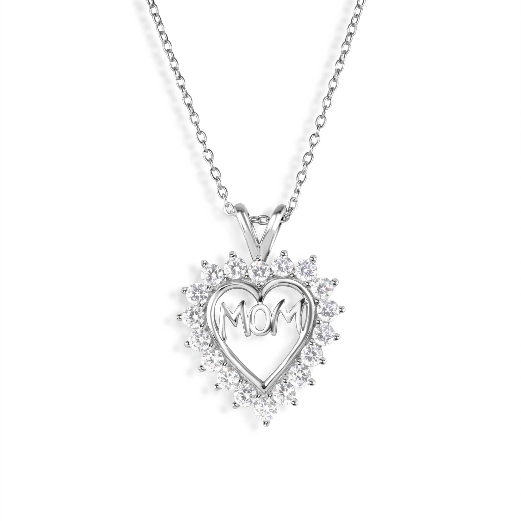 Silver 925 Clear CZ Rhodium Plated Mom Heart Pendant Necklace - STP00054