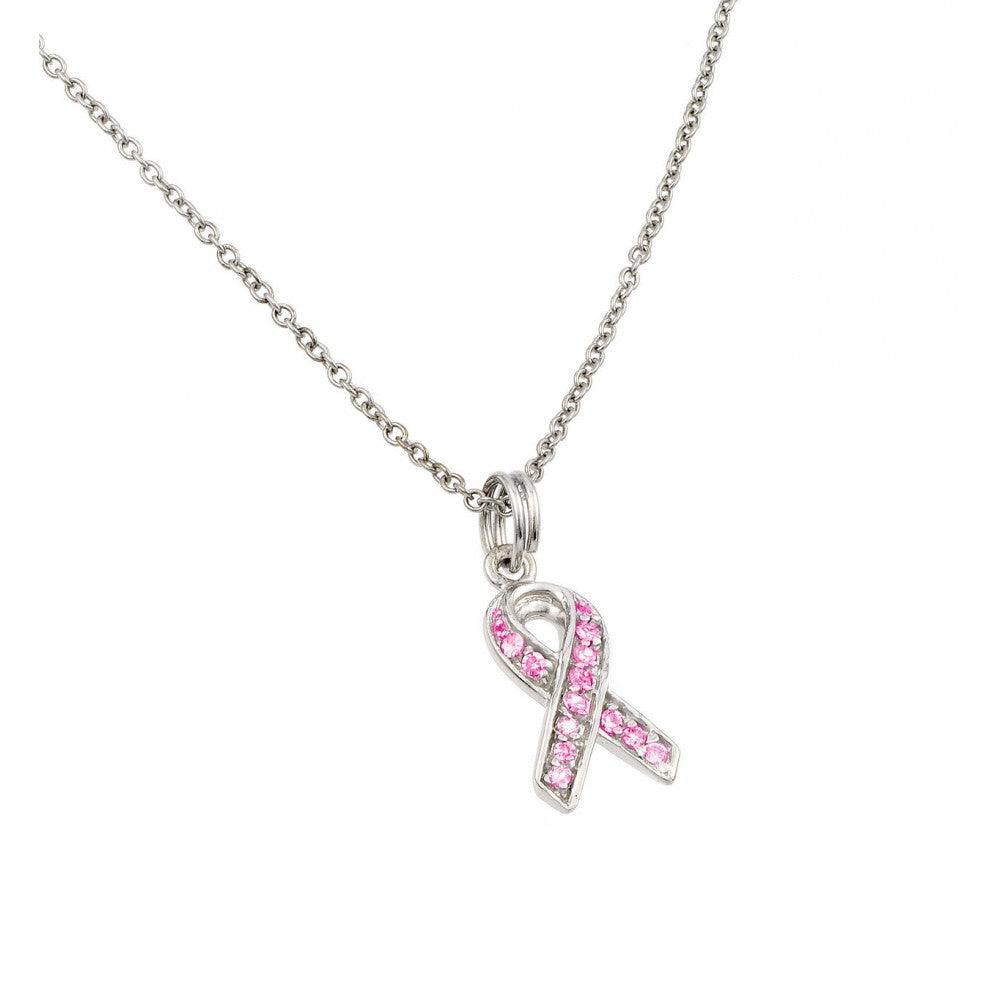 Silver 925 Pink CZ Rhodium Plated Ribbon Pendant Necklace - STP00060PNK