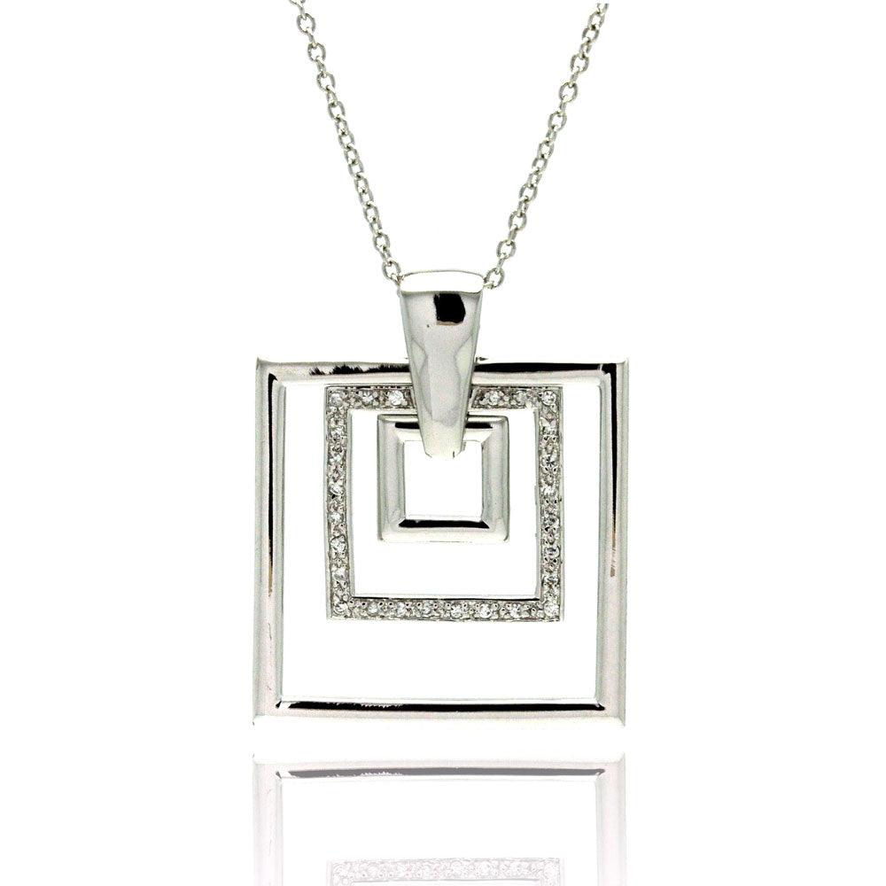 Closeout-Silver 925 Clear CZ Rhodium Plated Multi Square Pendant Necklace - STP00082