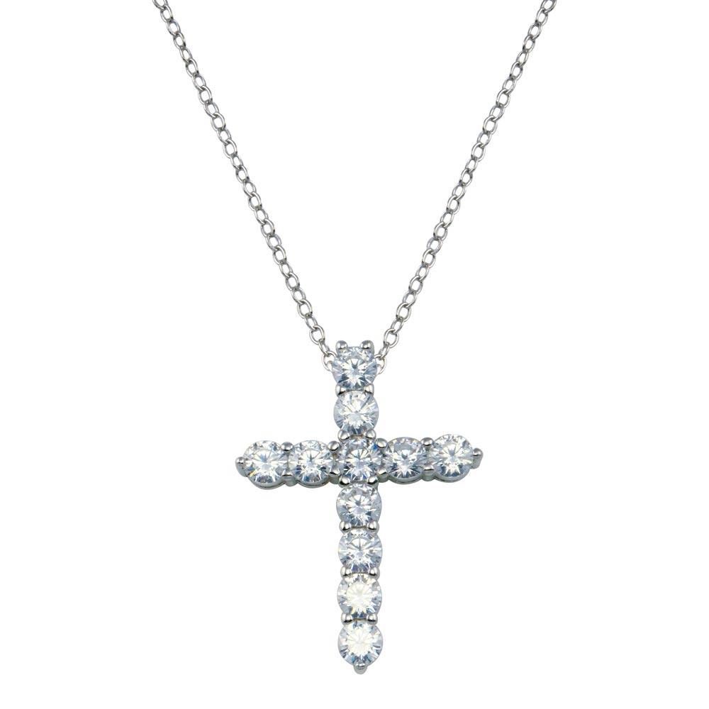 Silver 925 Clear CZ Rhodium Plated Classic Cross Pendant Necklace - STP00097