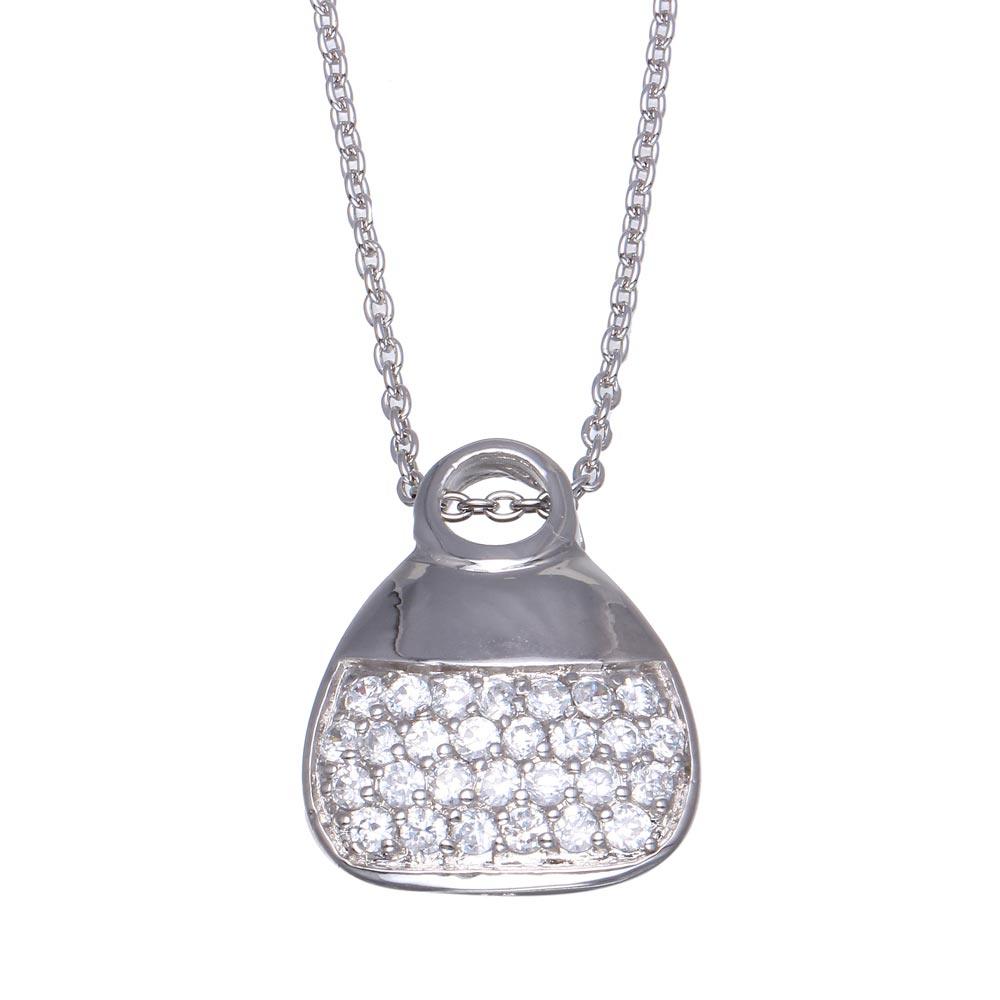 Closeout-Rhodium Plated 925 Sterling Silver Clear CZ Purse Necklace - STP00120