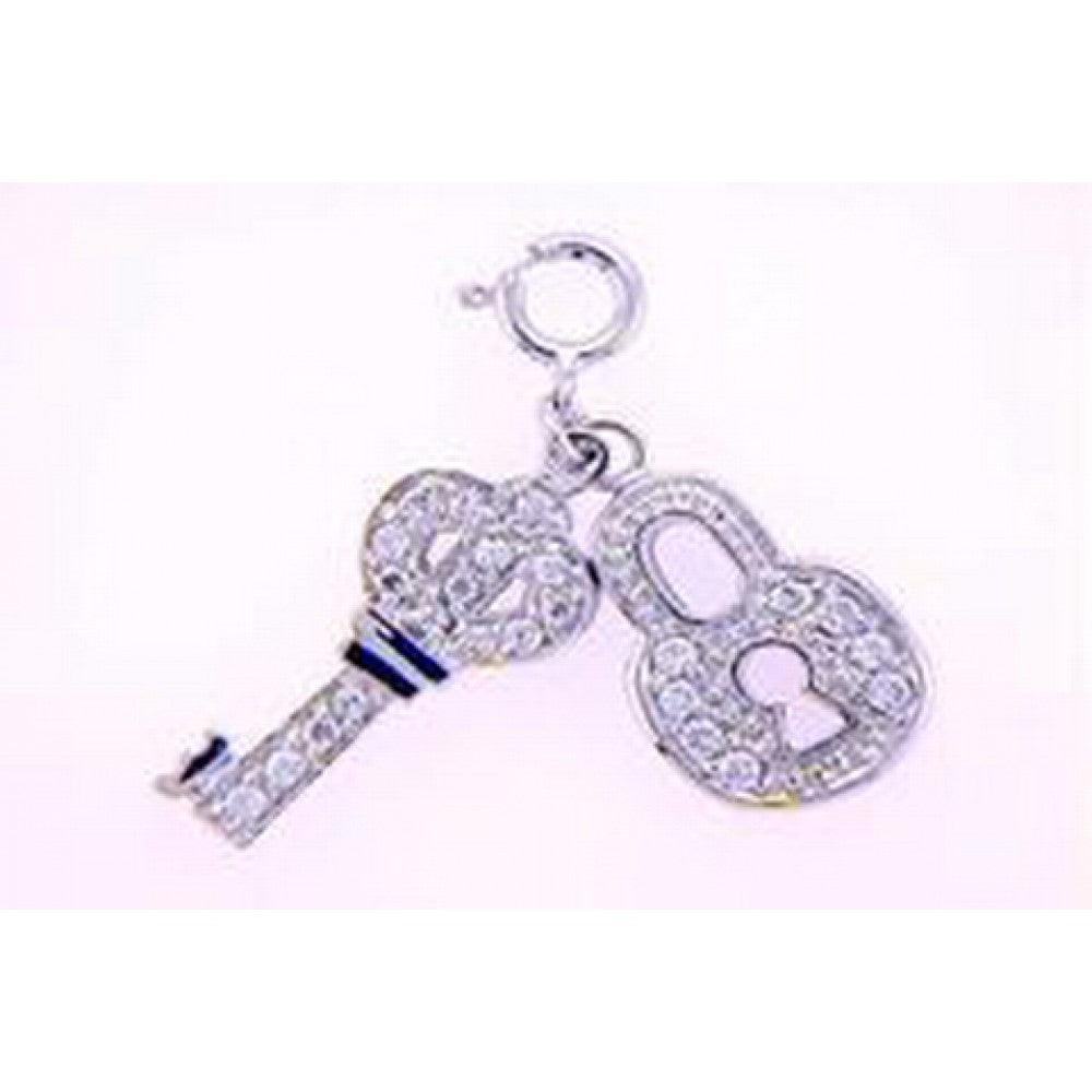 Silver 925 Rhodium Plated Clear CZ Lock and Key Pendant Necklace - STP00127