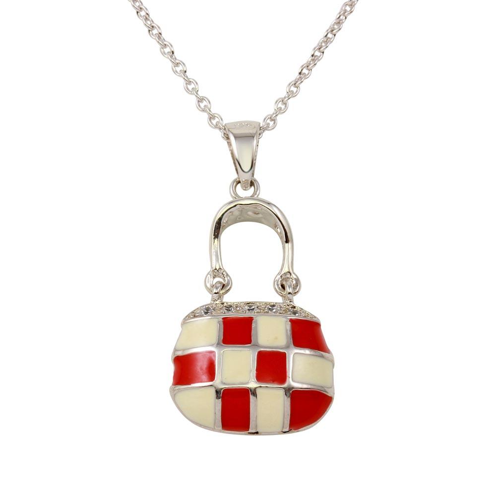 Closeout-Rhodium Plated 925 Sterling Silver Pink and White Checkered Purse Pendant Necklace with CZ - STP00215