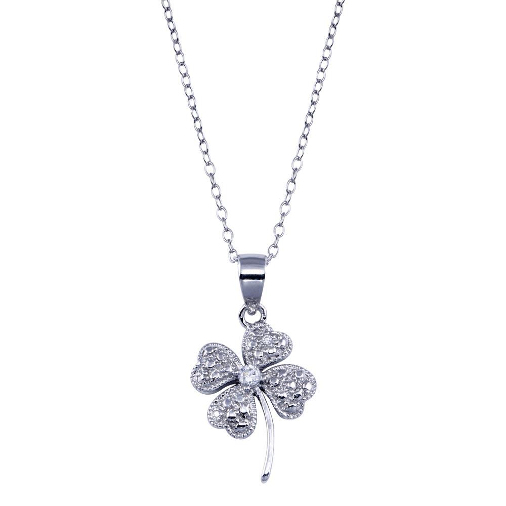 Silver 925 Clear CZ Rhodium Plated Clover Pendant Necklace - STP00235