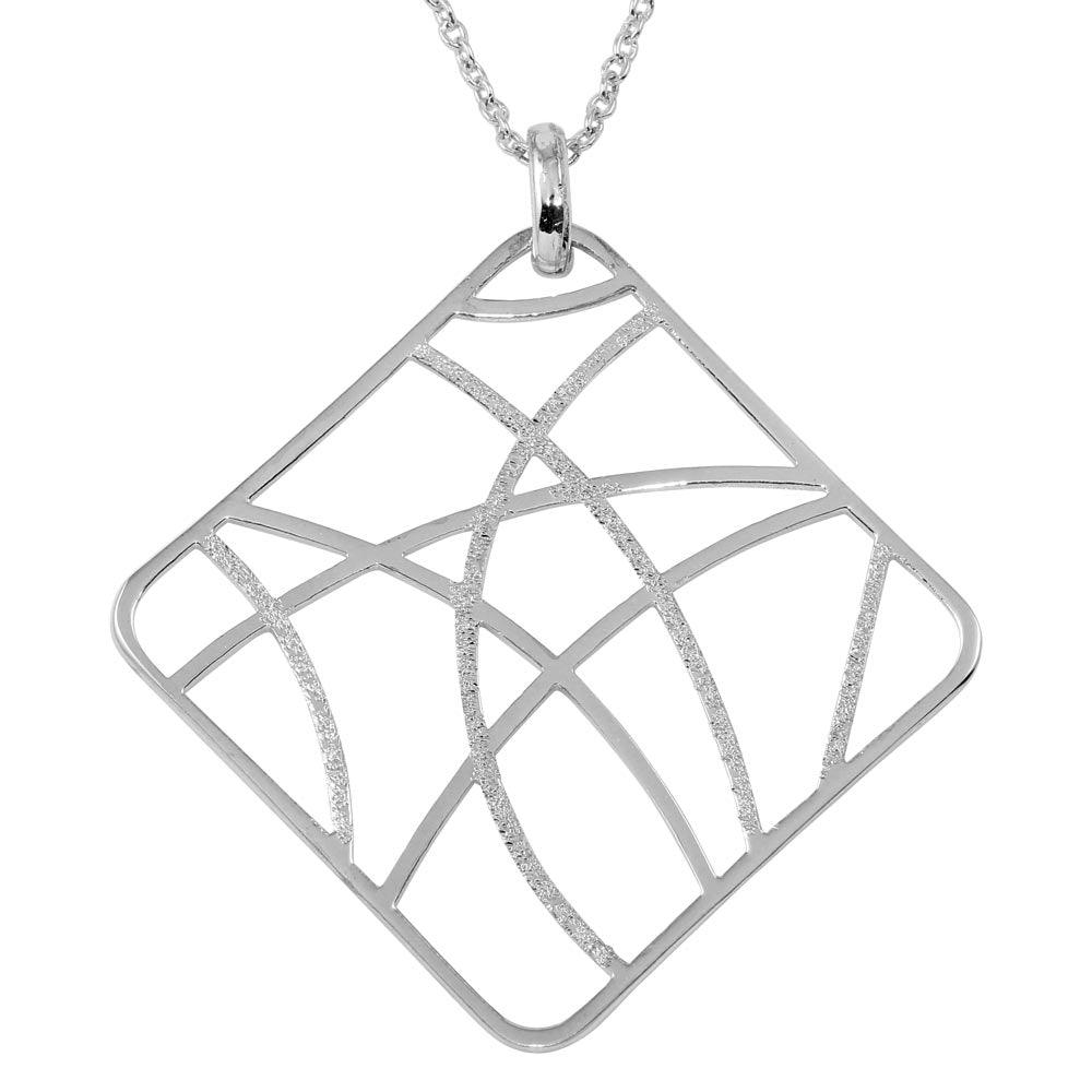 Closeout-Rhodium Plated 925 Sterling Silver Square-Shaped Pendant Necklace - STP00278