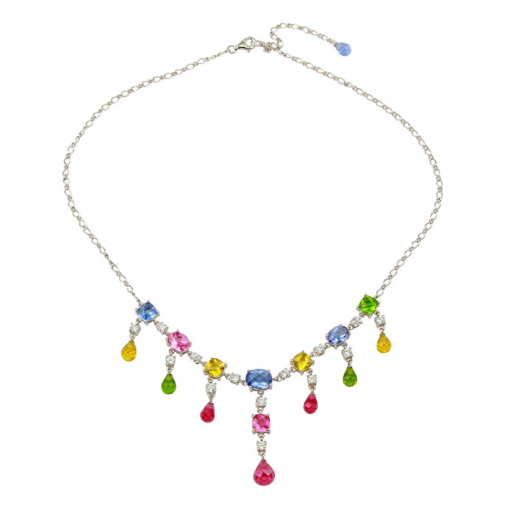 Closeout-Rhodium Plated 925 Sterling Silver Multi-colored CZ Drop Necklace - STP00334