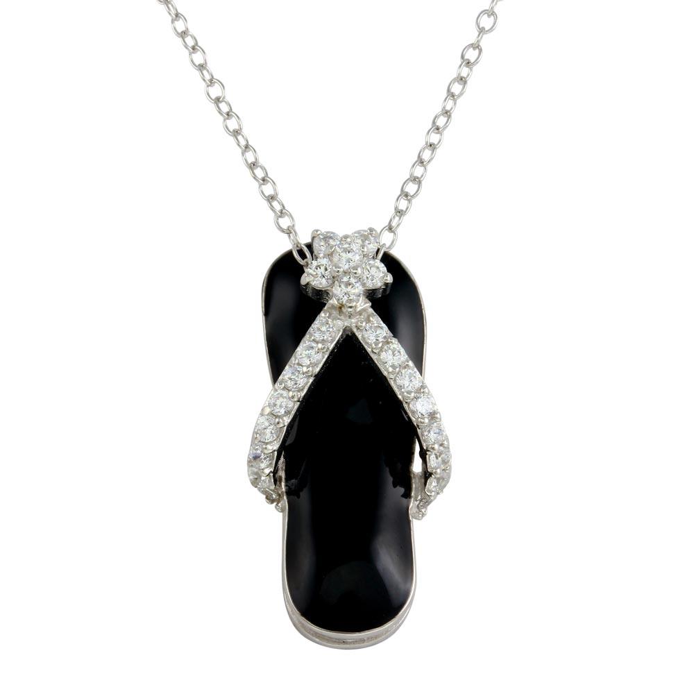 Rhodium Plated 925 Sterling Silver Black Flip-Flop Necklace with CZ - STP00402BLK