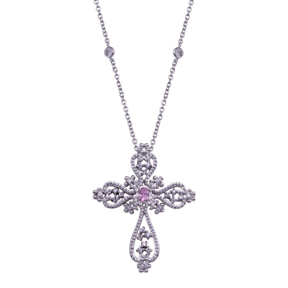 Closeout-Silver 925 Rhodium Plated Clear and Pink Cross Pattern Pendant Necklace - STP00407