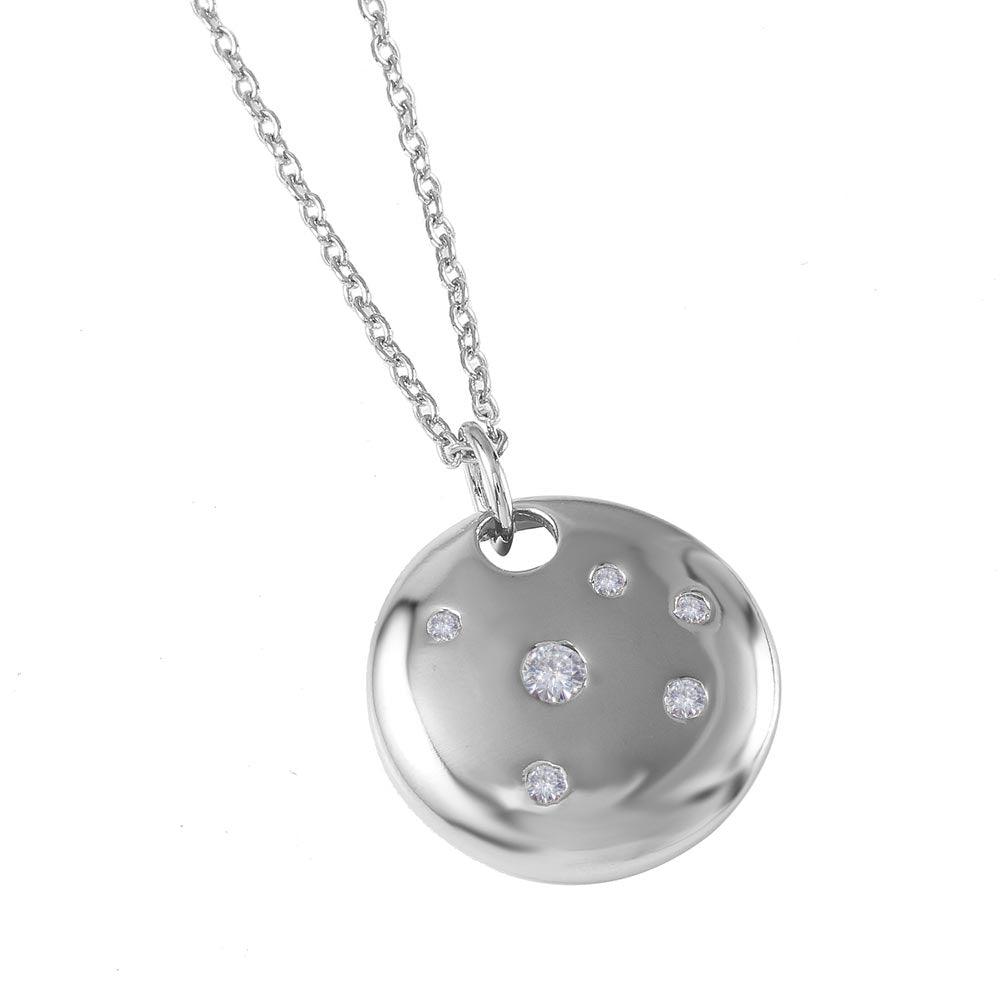 Closeout-Rhodium Plated 925 Sterling Silver Round Shield Pendant Necklace - STP00434