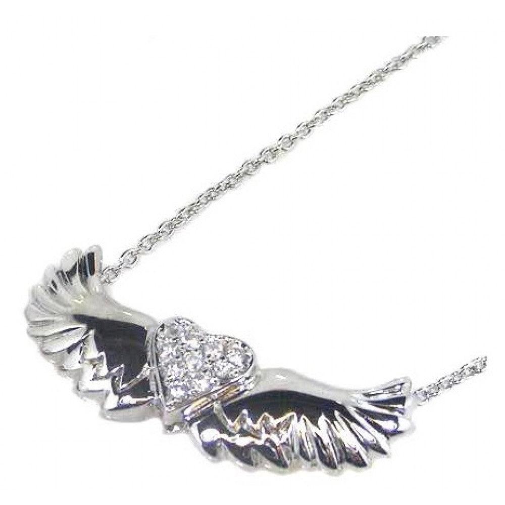 Silver 925 Rhodium Plated Winged Clear Heart CZ Necklace - STP00543