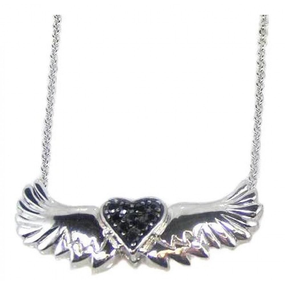 Silver 925 Rhodium Plated Winged Black Heart CZ Necklace - STP00543BLK