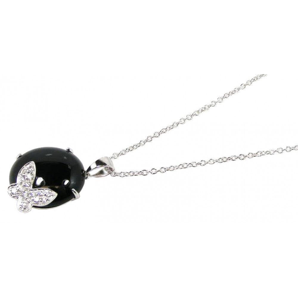 Closeout-Silver 925 Rhodium Plated Round Onyx Clear CZ Butterfly Pendant Necklace - STP00628