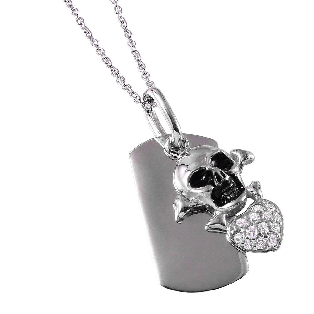 Closeout-Silver 925 Rhodium Plated Skull Heart Tag Necklace - STP00745