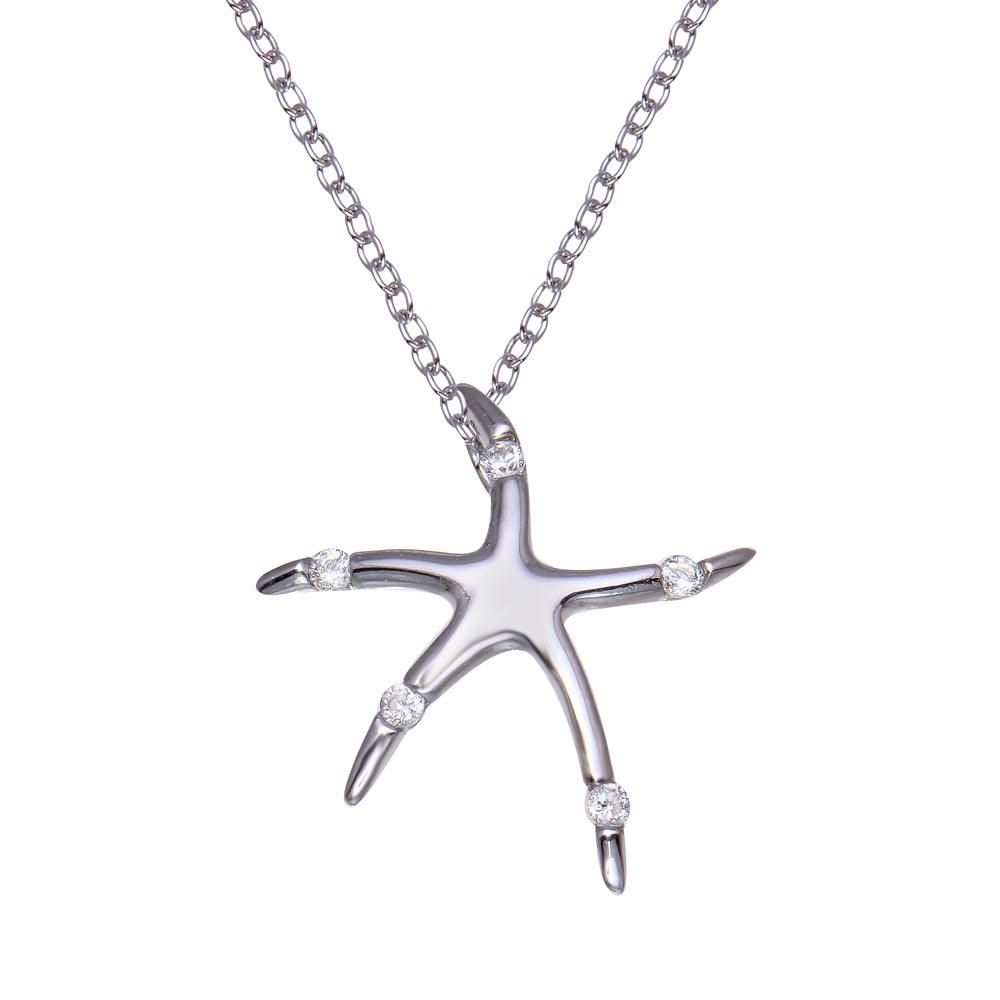 Silver 925 Rhodium Plated Clear CZ Starfish Pendant Necklace - STP00759