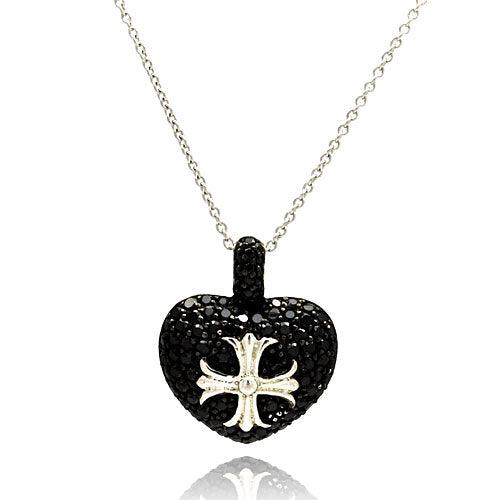 Closeout-Rhodium Plated 925 Sterling Silver Black Heart with Silver Cross Necklace - STP00784