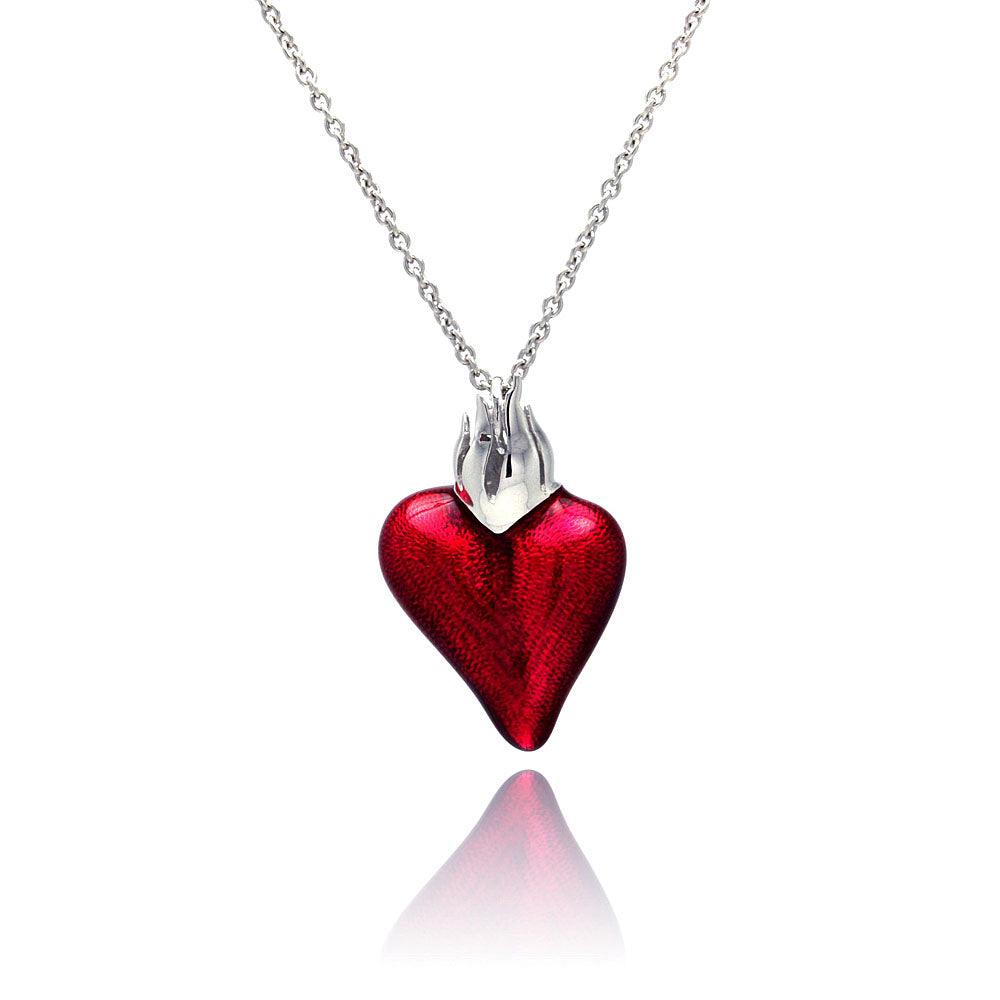 Rhodium Plated 925 Sterling Silver Red Enamel Heart Necklace - STP00845