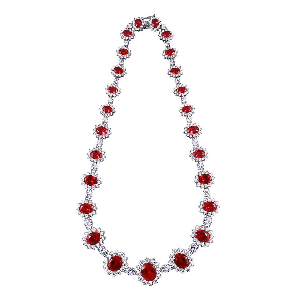 Silver 925 Rhodium Plated Red CZ Oval Cluster Necklace - STP00885RD