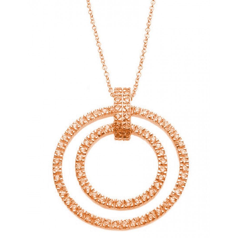 Closeout-Silver 925 Rose Gold Plated Clear CZ Double Circle Pendant Necklace - STP00920