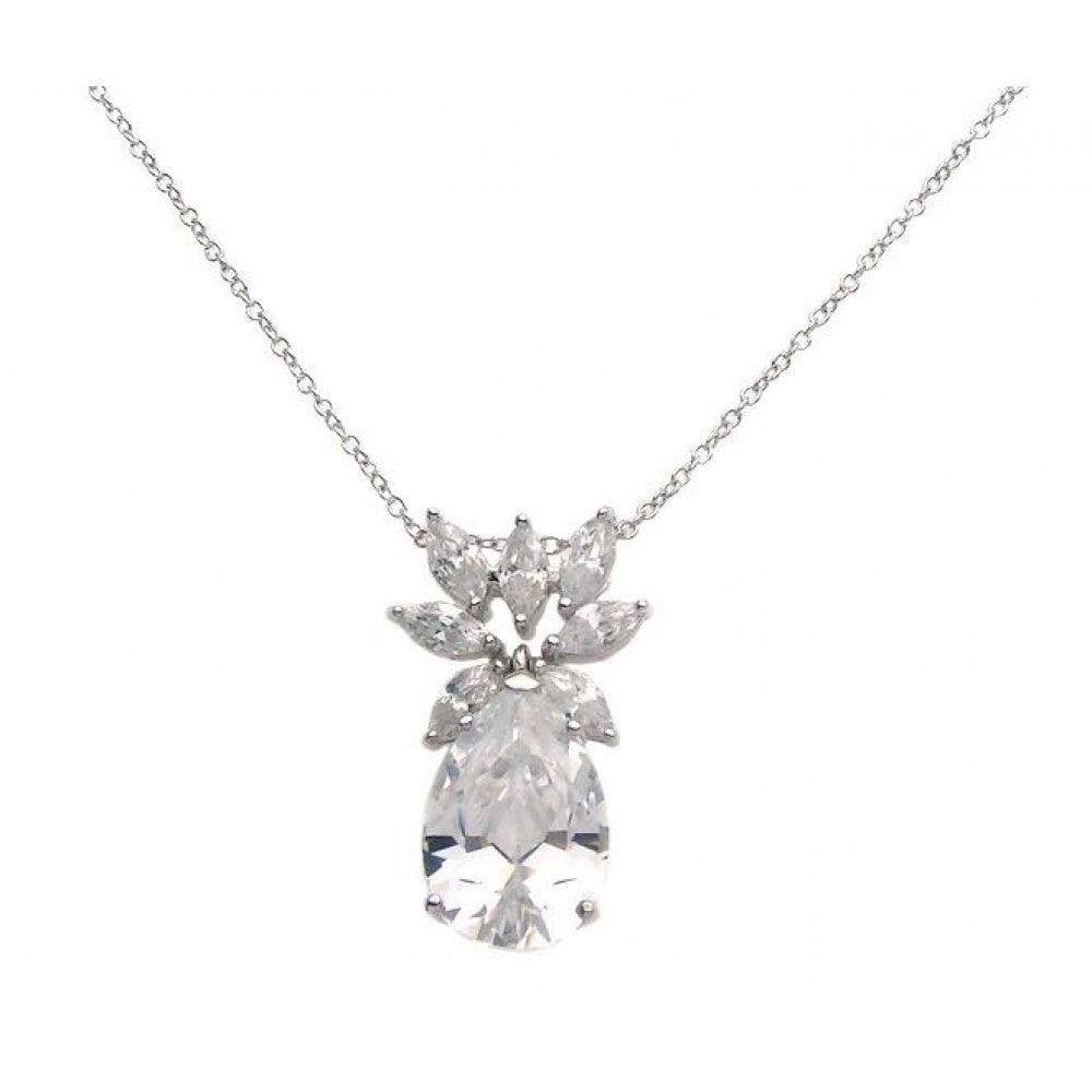 Silver 925 Rhodium Plated Clear CZ and Clear Pear CZ Pendant Necklace - STP00941CLEAR