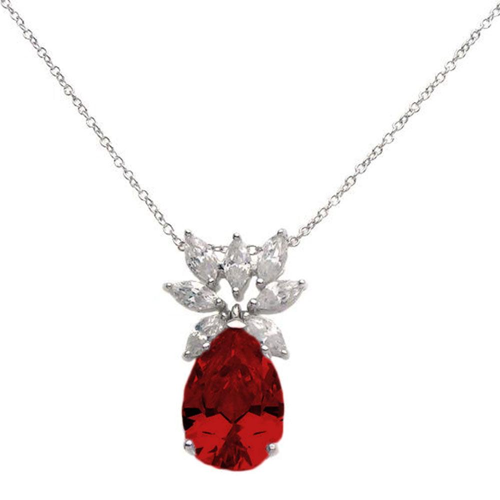 Silver 925 Rhodium Plated Clear CZ and Red Pear CZ Pendant Necklace - STP00941RED