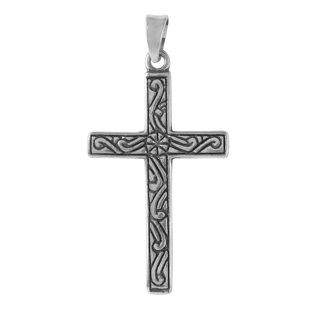 Silver 925 Straight Cross Shaped Pendant with Design - STP01089