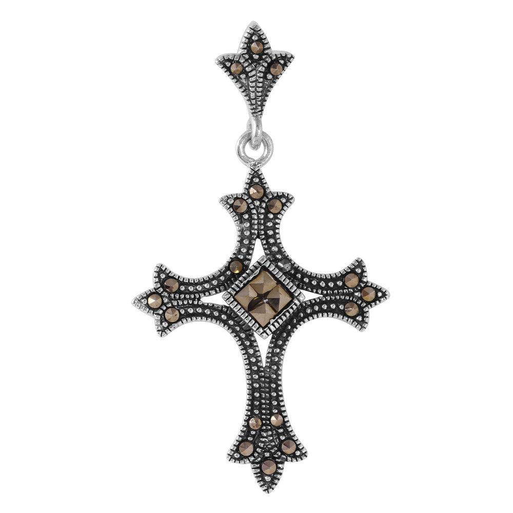 Silver 925 Spiked Cross Shaped Pendant with Black CZ Accents - STP01094