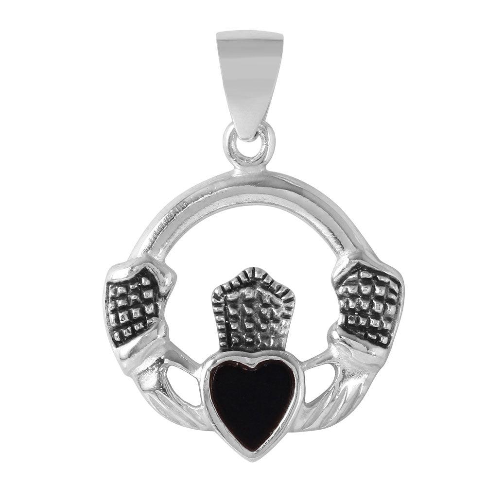 Silver Heart and Hands Bali Design Pendant with Black Onyx Accent - STP01109