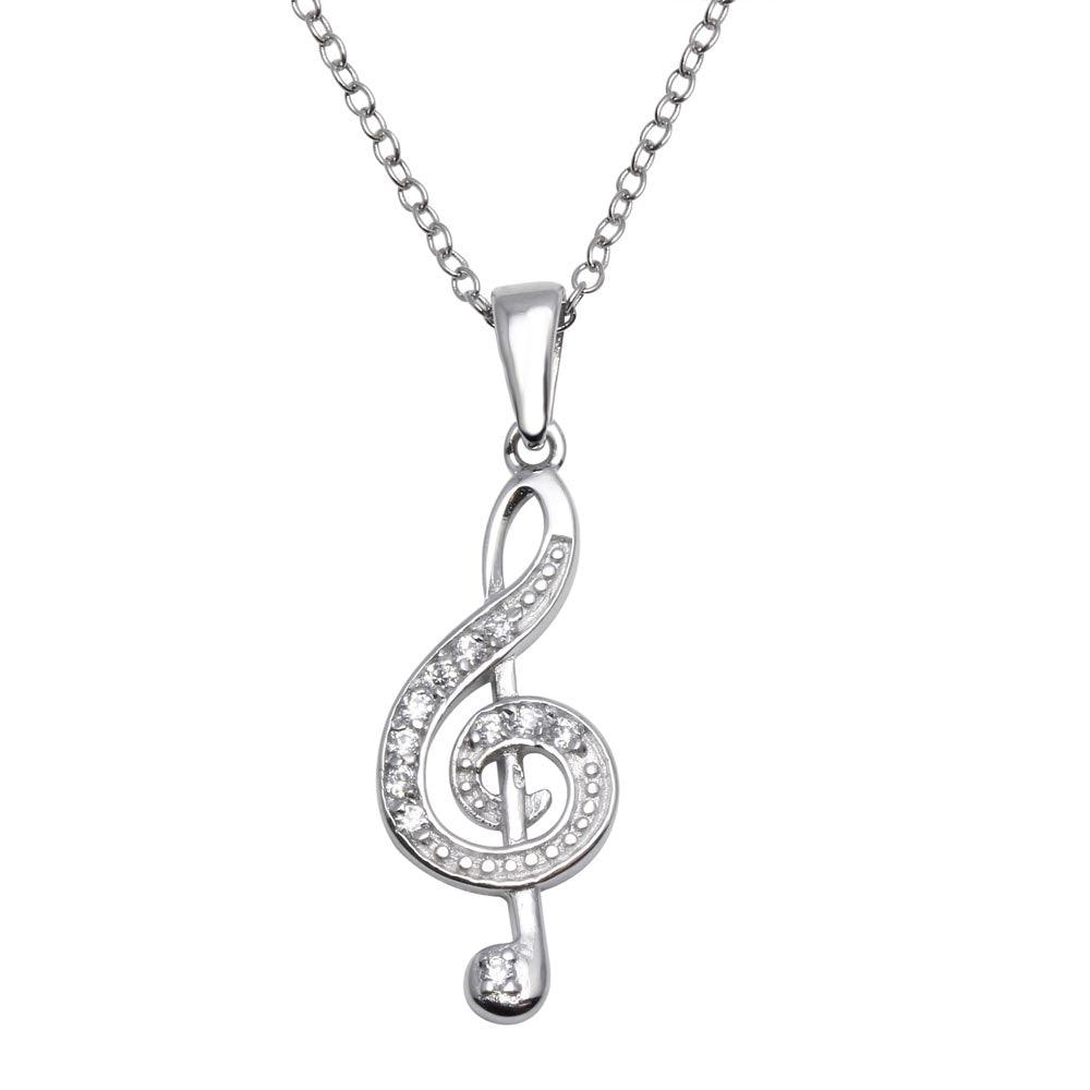 Rhodium Plated 925 Sterling Silver Treble Clef Pendant Necklace - STP01118