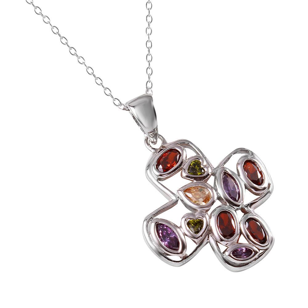 Closeout-Silver 925 Multi Color CZ Cross Necklace - STP01346