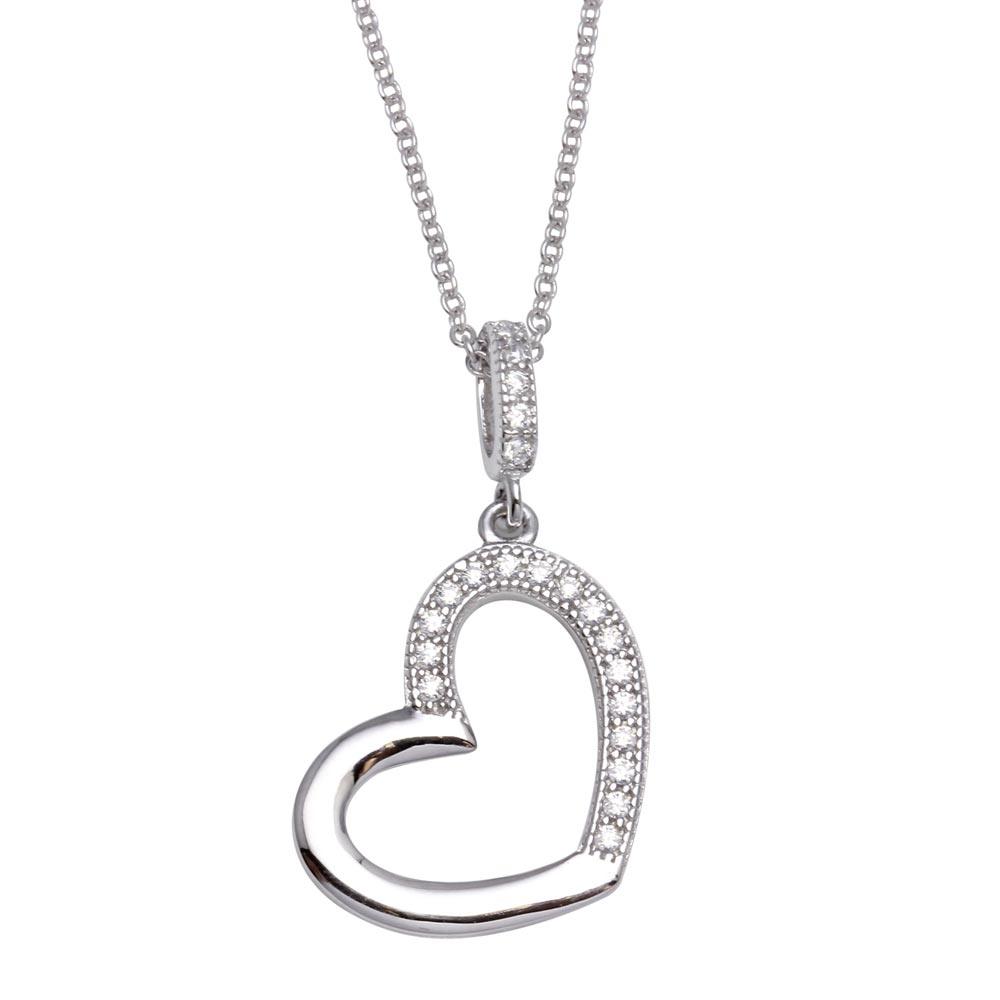 Rhodium Plated 925 Sterling Silver Open Heart Necklace with CZ - STP01352