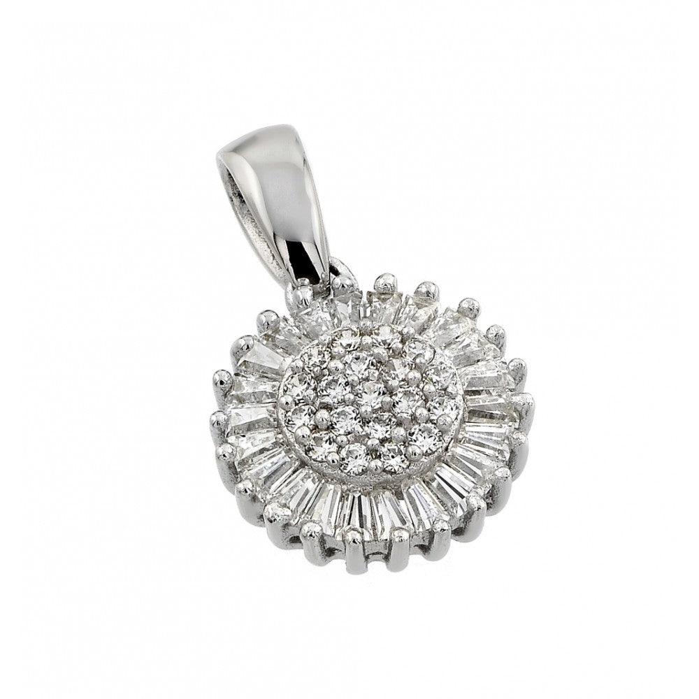 Silver 925 Rhodium Plated Clear Cluster and Baguette CZ Flower Pendant Necklace - STP01370