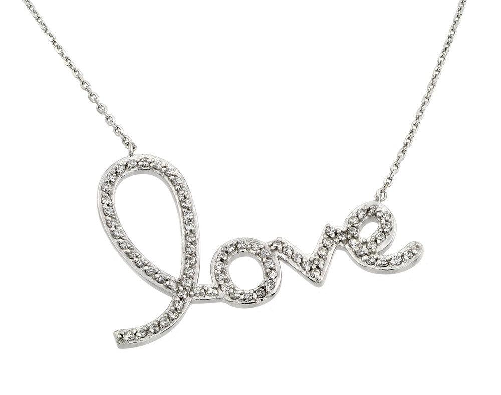 Silver 925 Rhodium Plated Clear CZ Love Pendant Necklace - STP01371