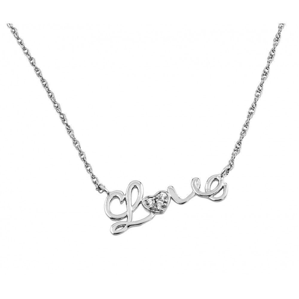 Silver 925 Rhodium Plated Clear CZ Love Pendant Necklace - STP01384RH