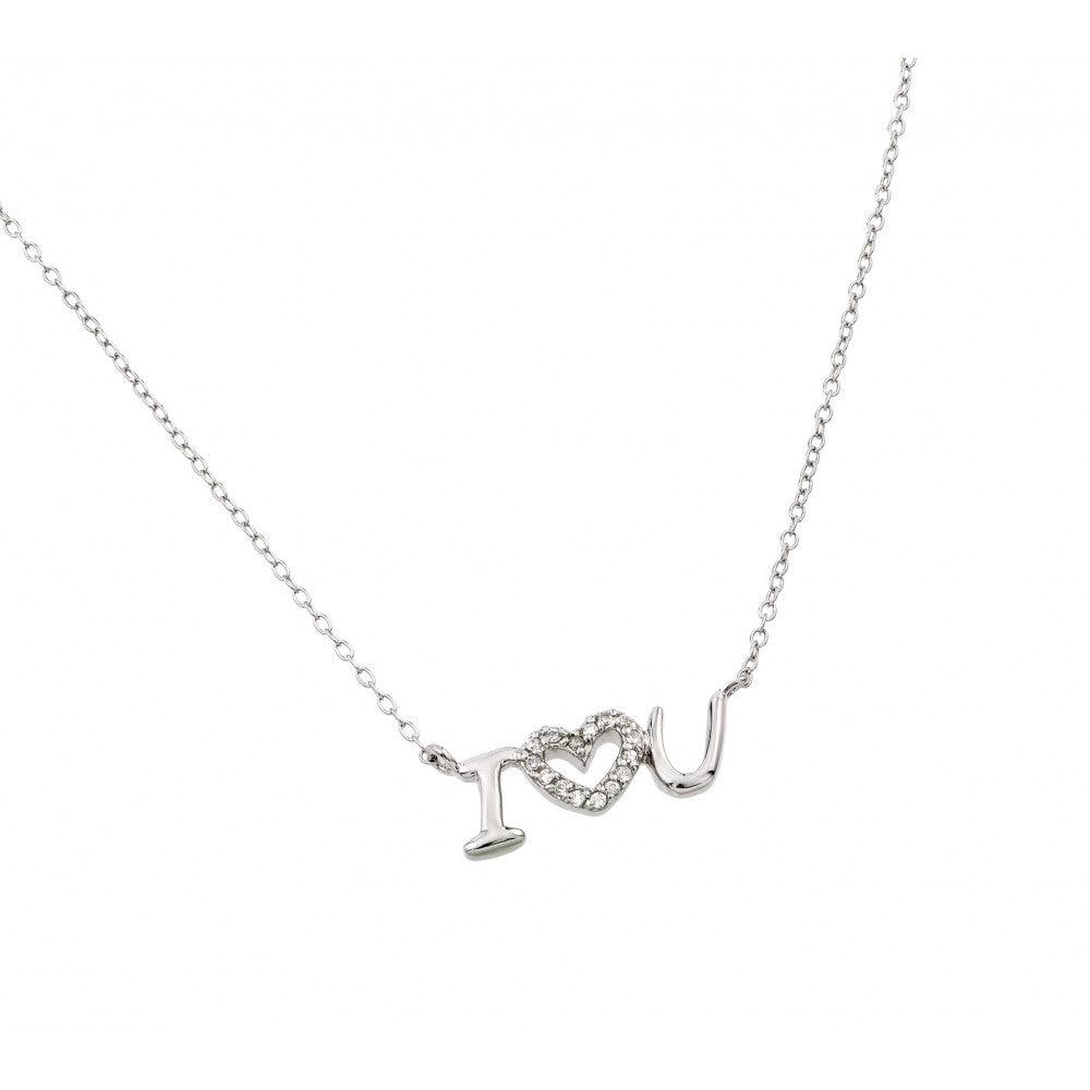 Silver 925 Rhodium Plated Clear CZ "I Heart U" Pendant Necklace - STP01387