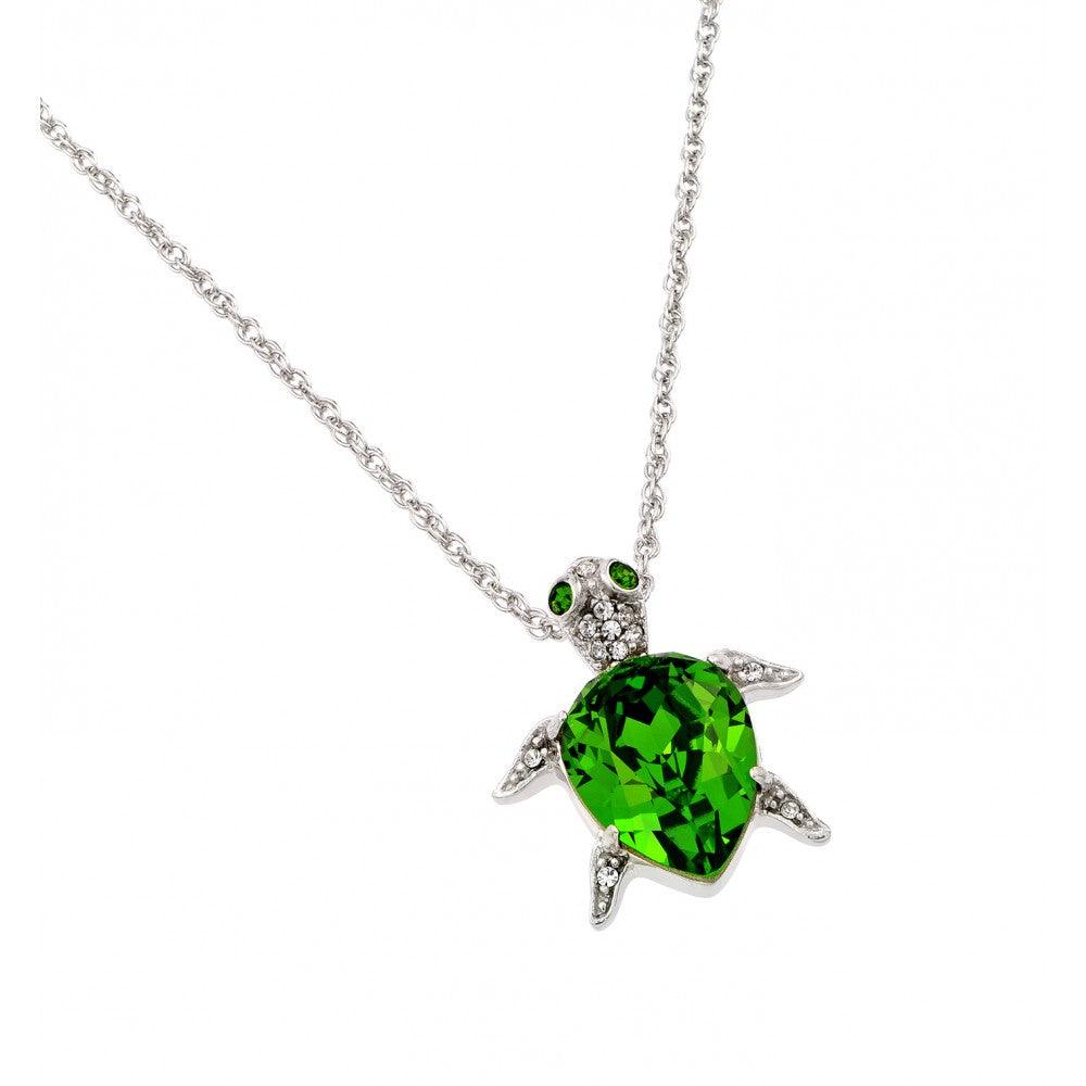 Silver 925 Rhodium Plated Clear and Green CZ Turtle Pendant Necklace - STP01390