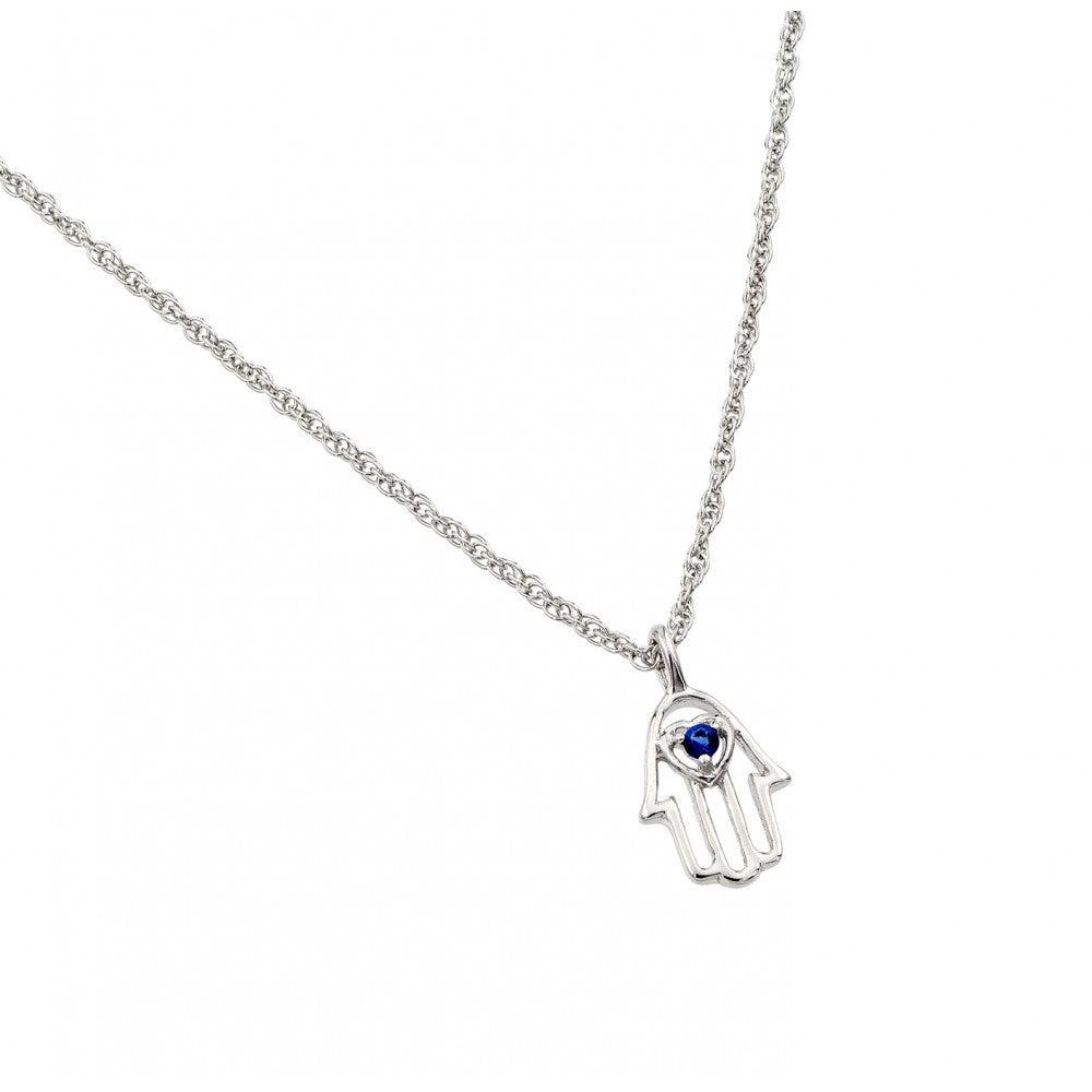 Silver 925 Rhodium Plated Blue CZ Hamsa Pendant Necklace - STP01392