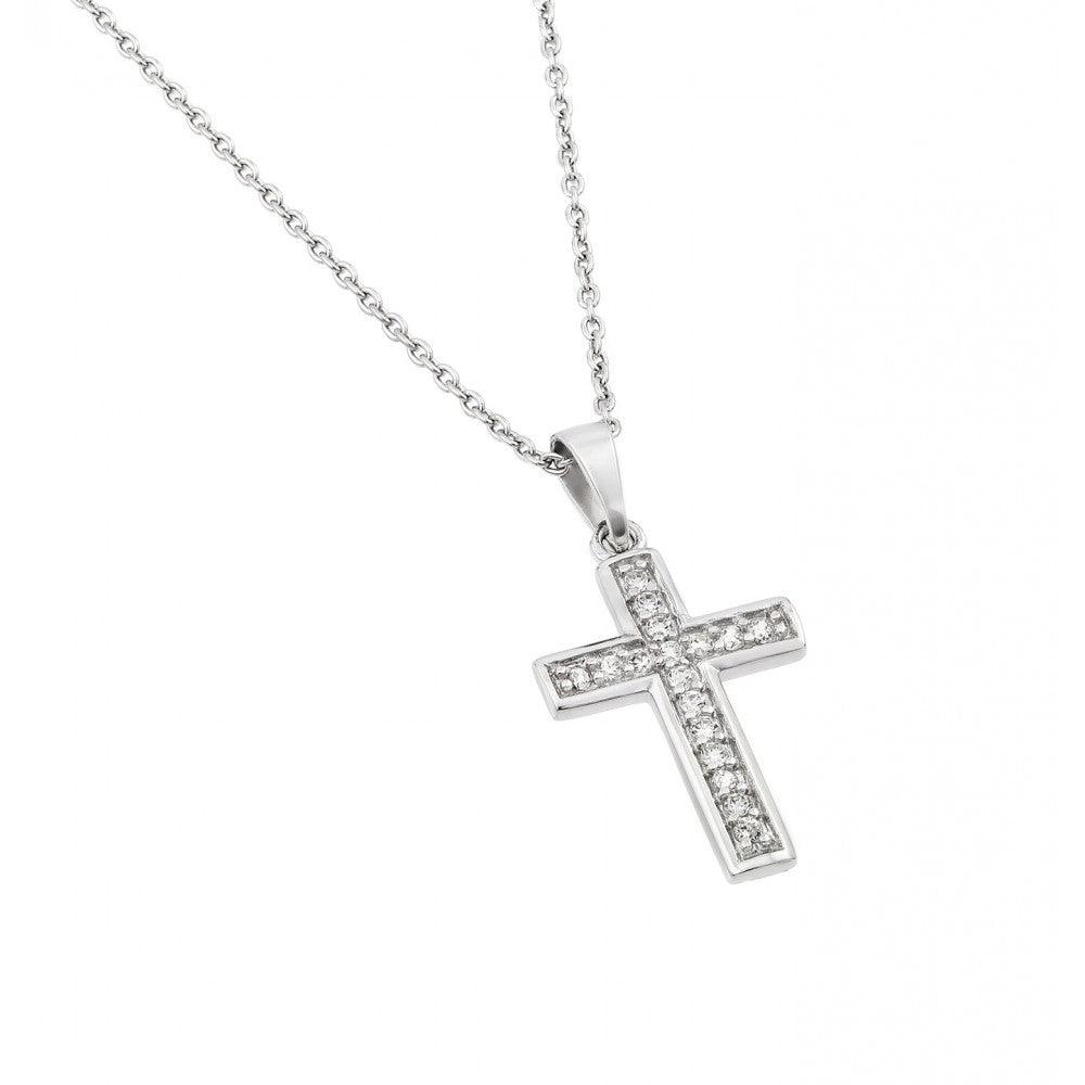 Silver 925 Rhodium Plated Clear CZ Cross Pendant Necklace - STP01400