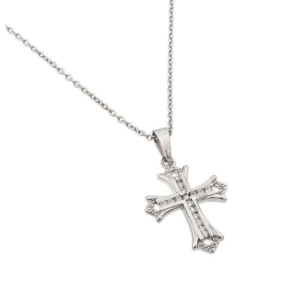 Silver 925 Rhodium Plated Clear CZ Cross Pendant Necklace - STP01401