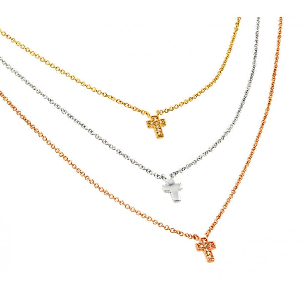 Silver 925 Rhodium Gold and Rose Gold Plated Clear CZ Cross Pendants Necklace - STP01403