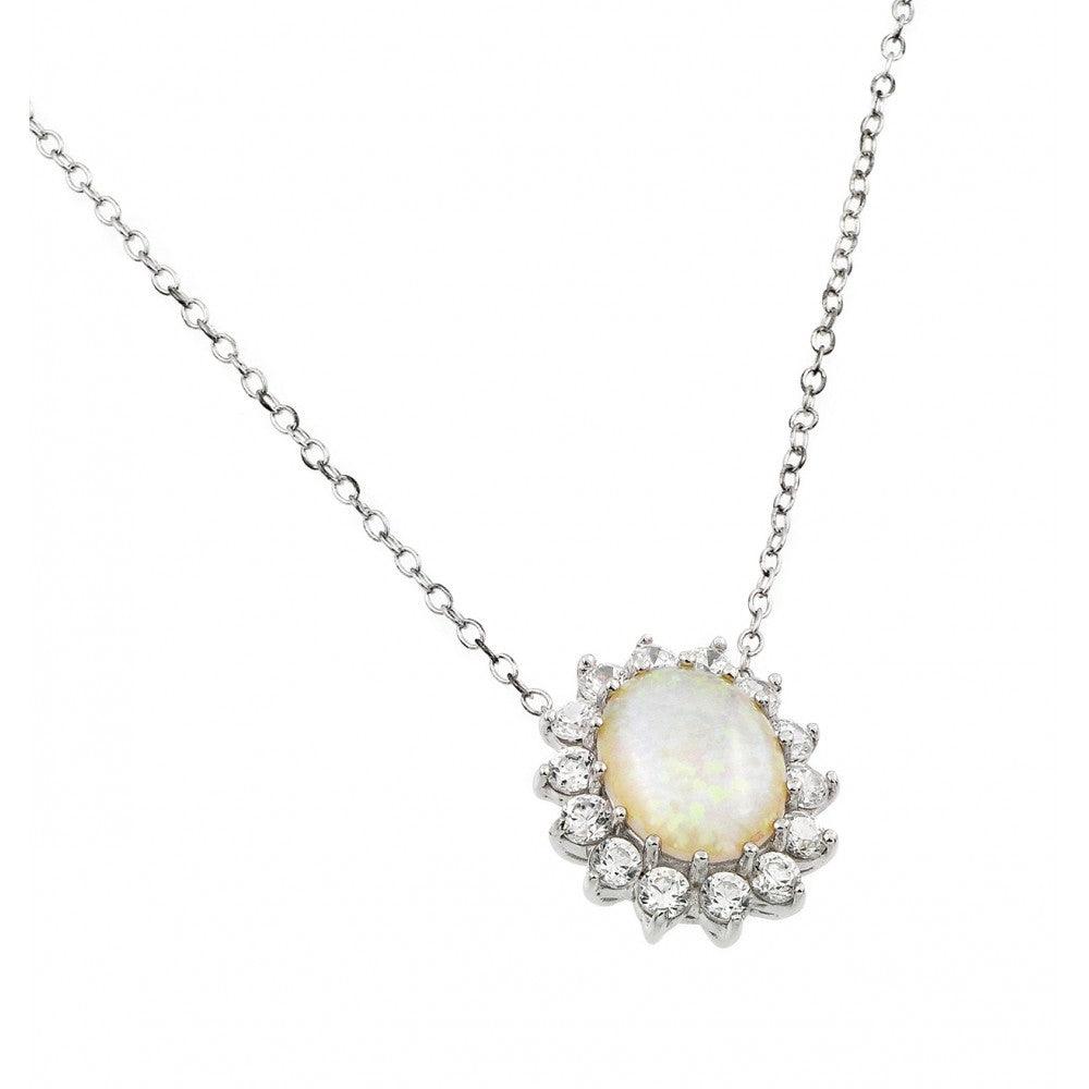 Silver 925 Rhodium Plated Clear CZ Sunflower Oval Opal Cluster Pendant Necklace - STP01409