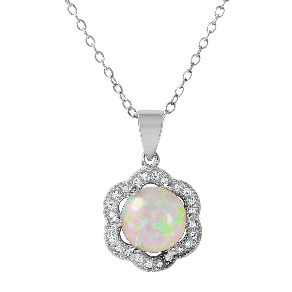 Silver 925 Rhodium Plated CZ Accent Flower Shaped Pendant with Opal Center Stone - STP01410