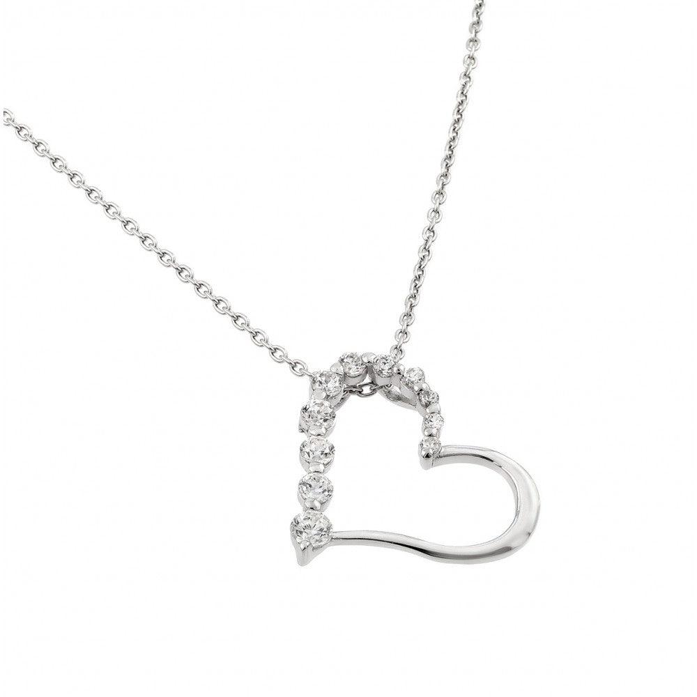 Silver 925 Rhodium Plated Clear CZ Heart Pendant Necklace - STP01413