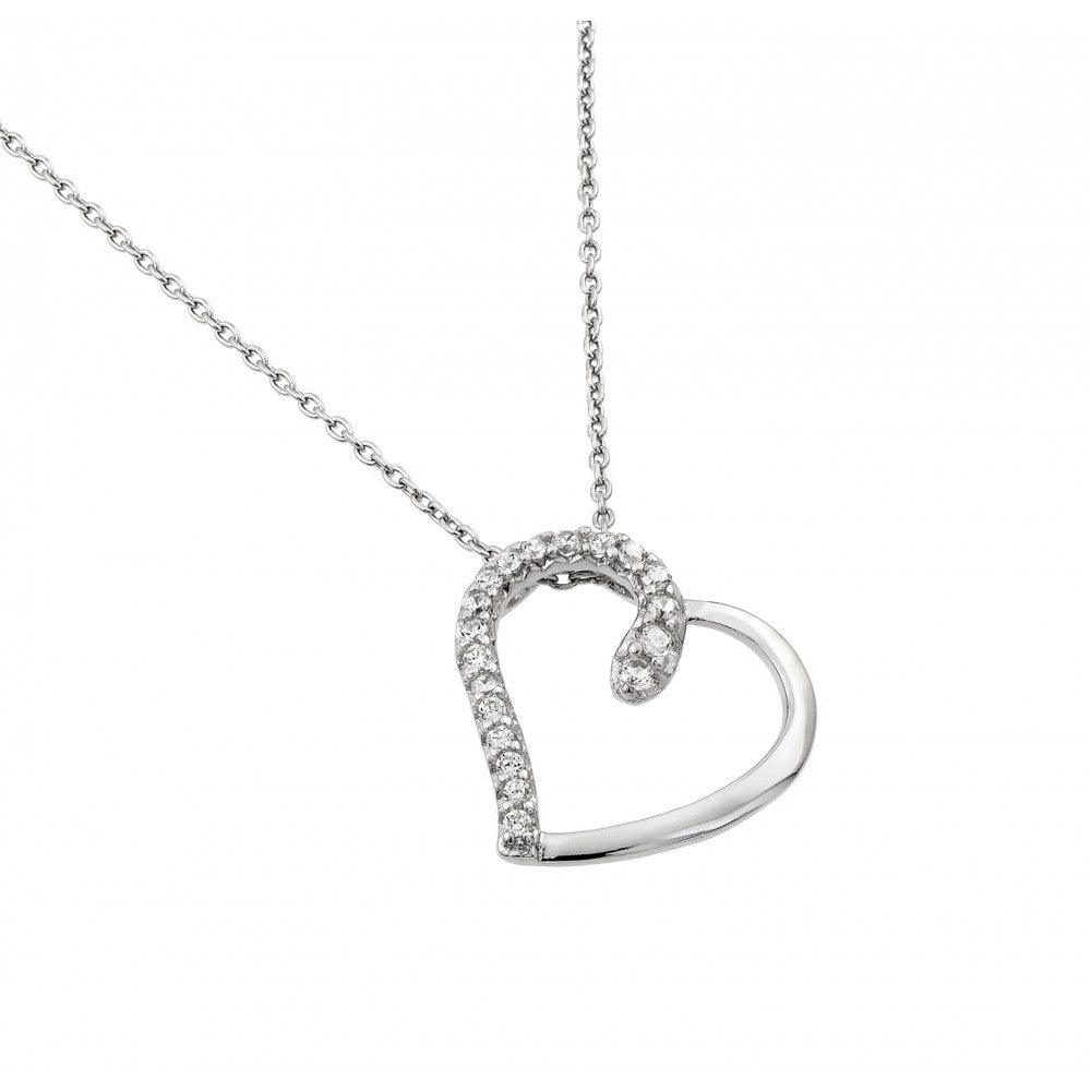 Silver 925 Rhodium Plated Clear CZ Heart Pendant Necklace - STP01414